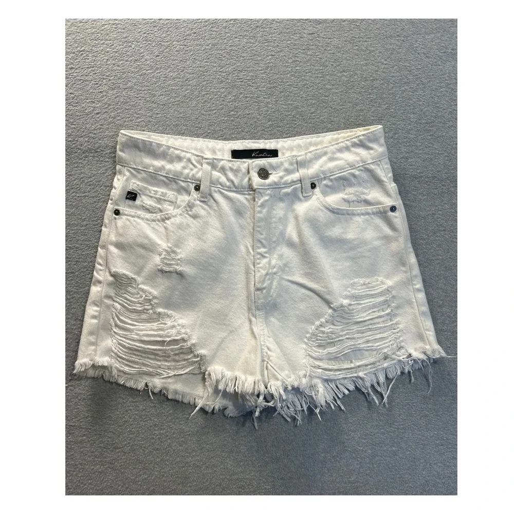 KanCan High Rise Distressed Denim Shorts Womens Medium White Raw Frayed Hem